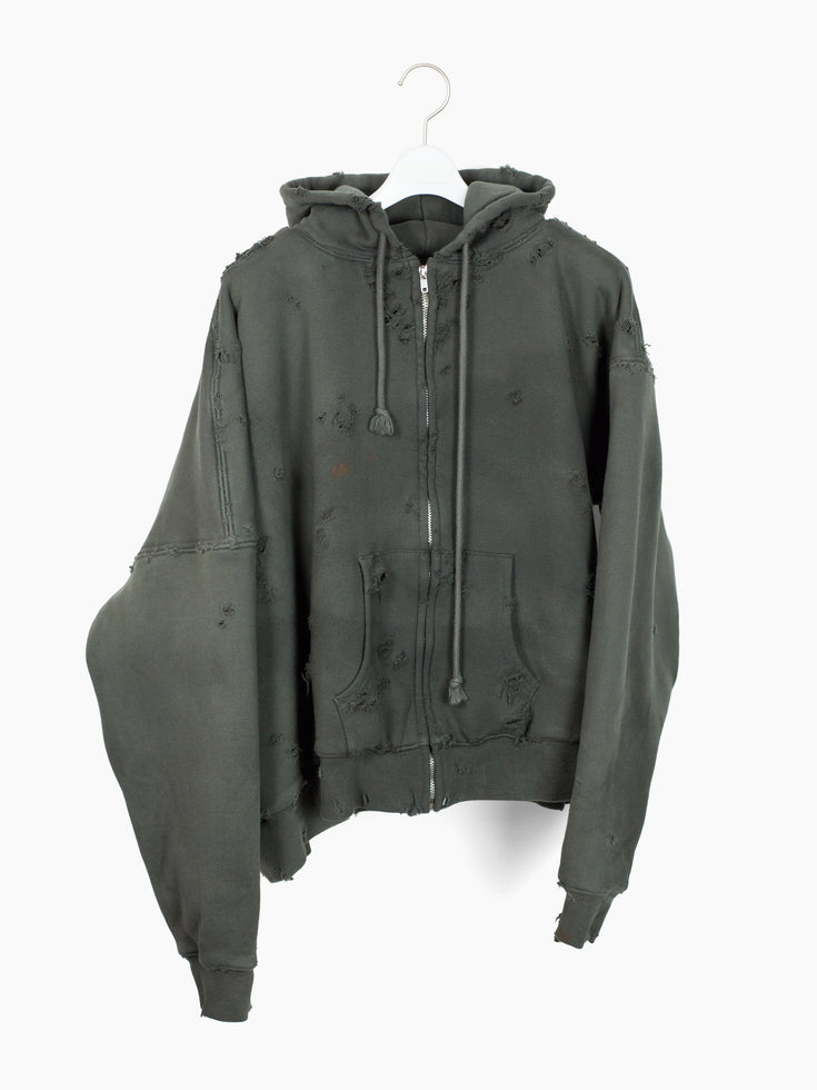 Les Six SS25 Destroyed 70 Degree Asymmetrical Zip Hoodie