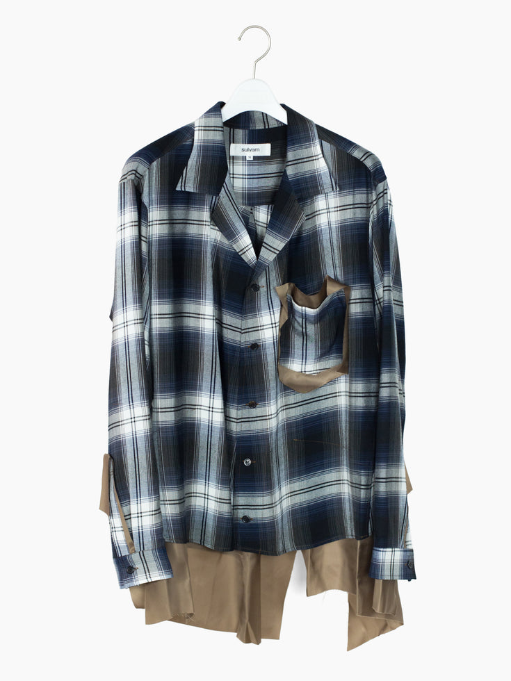 Sulvam SS23 Open Collar Draped Rayon Plaid Shirt